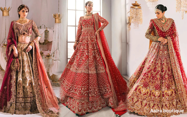 Three models displaying elaborate Indian ethnic wear lehengas in shades of red and gold, featuring intricate embroidery and traditional jewelry, showcasing diverse styles for Indian ethnic wear services.