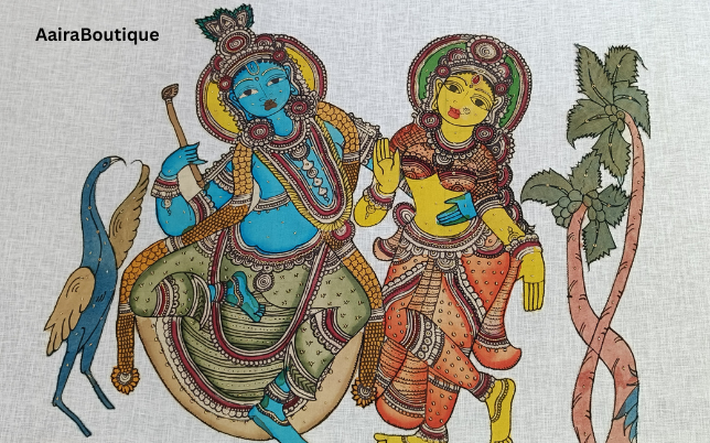 Projects 1 Traditional Indian folk art depicting Lord Krishna and Radha, symbolizing cultural richness often incorporated into custom bridal wear projects.